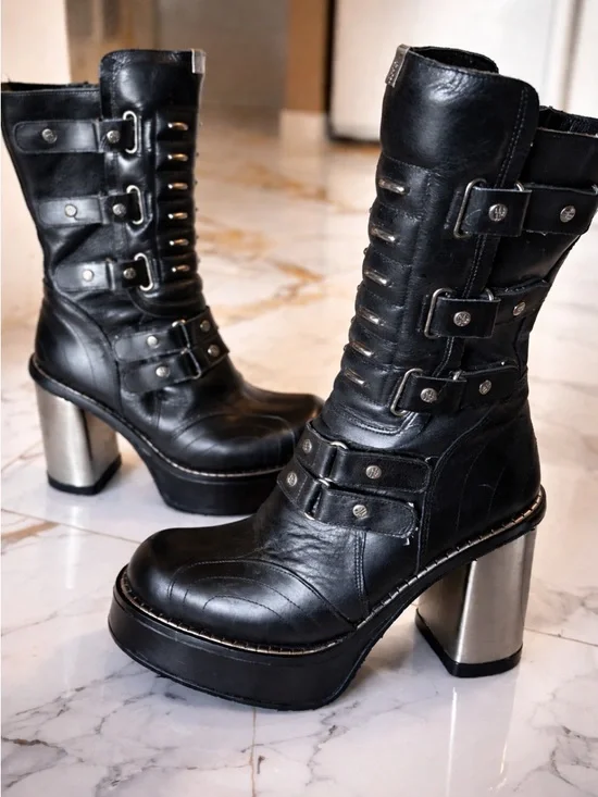 RARE - Y2K Vintage Black New Rock Platform Leather Boots Size 38 W  Or 5UK - Picture 13 of 15